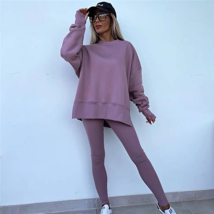 UZ Wholesale Store - Wholesale Lounge Set - Women's - Solid Color Round Neck Slit Sweatshirt And Skinny Pants Set