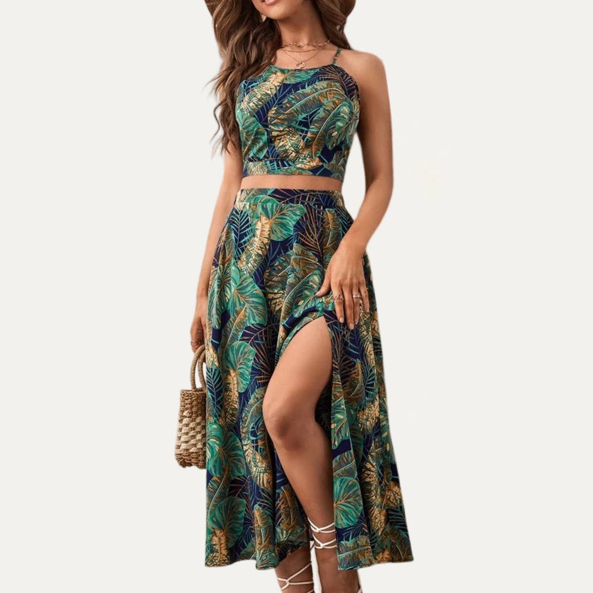 The Moment Collection - Vendita all'ingrosso Completo top e gonna - Donna - Abito midi in due pezzi stampato con foglie tropicali per le vacanze0