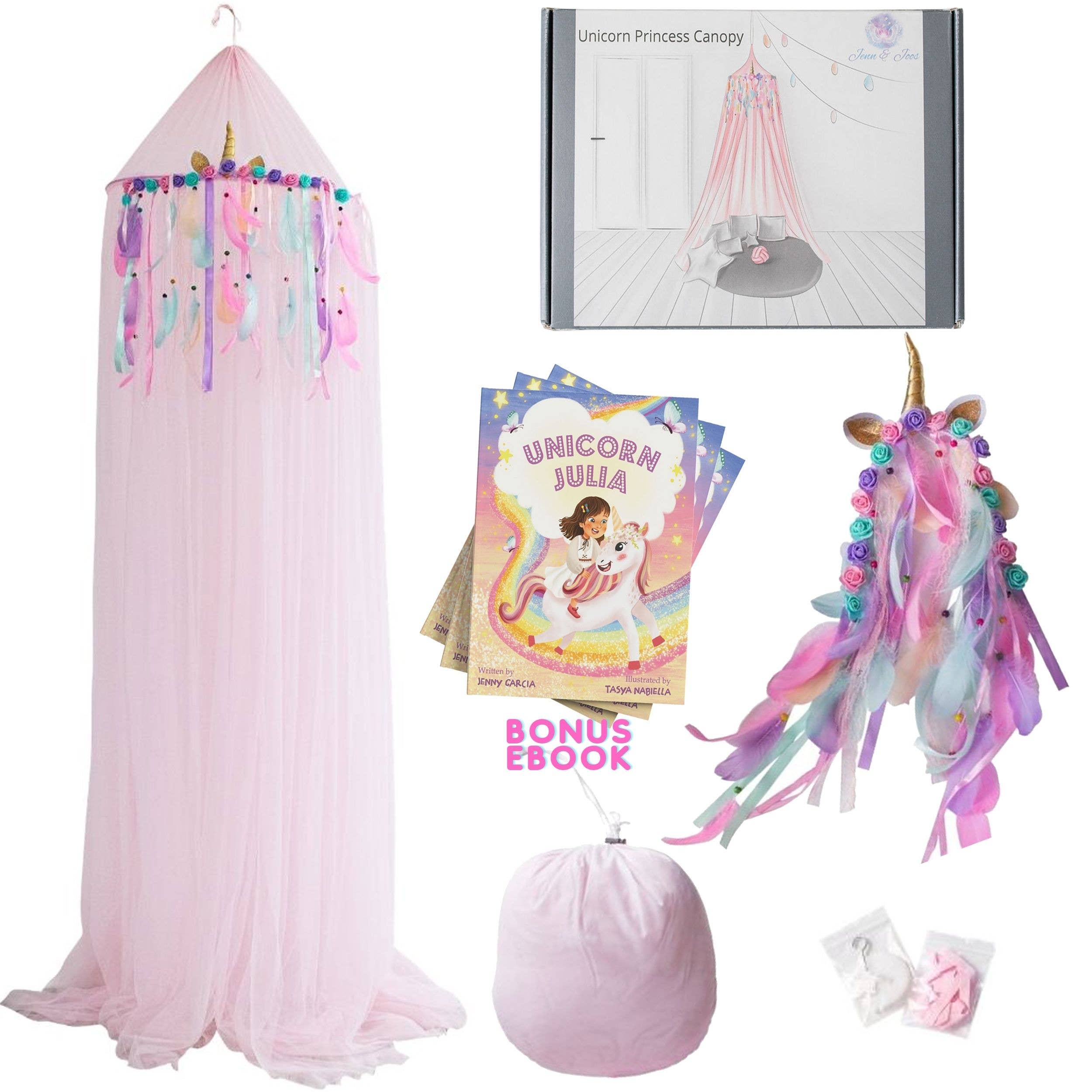 Jenn & Joos - Vente Ciel de lit – enfant et bébé - Baldaquin pour lit de fille Motif princesse Licorne Rose8