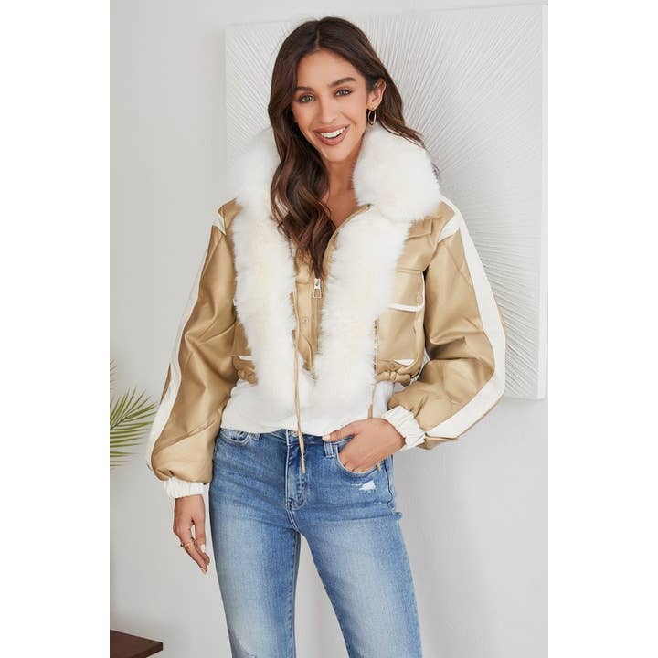 Veste courte matelassée en fausse fourrure et cuir avec accent de couleur (VA8051) pour la vente par VENTI6