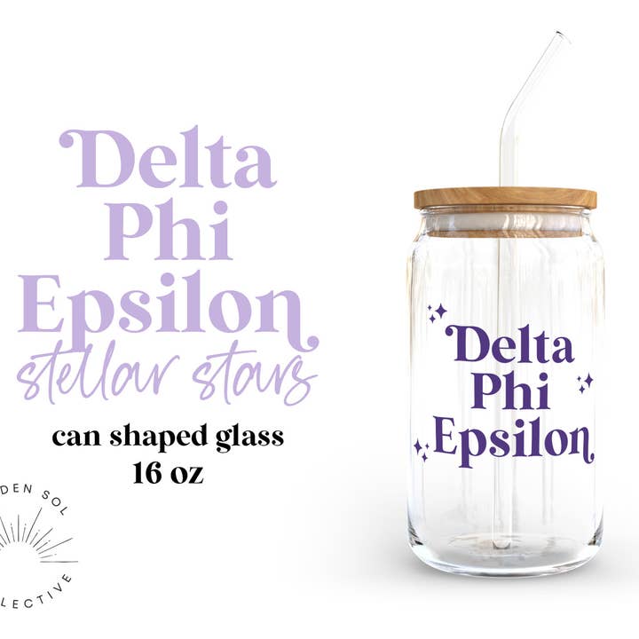 Taça de Vidro Estrelas Delta Phi Epsilon Stellar com Tampa e Palhinha por atacado de Golden Sol Collective