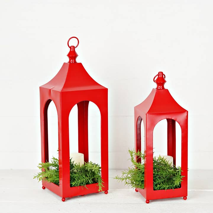 Impressive Enterprises, Inc. - Wholesale Lantern - 570602AB- Set of 2 Holiday Red Artisan Lantern-19Hx7D+16Hx5D0