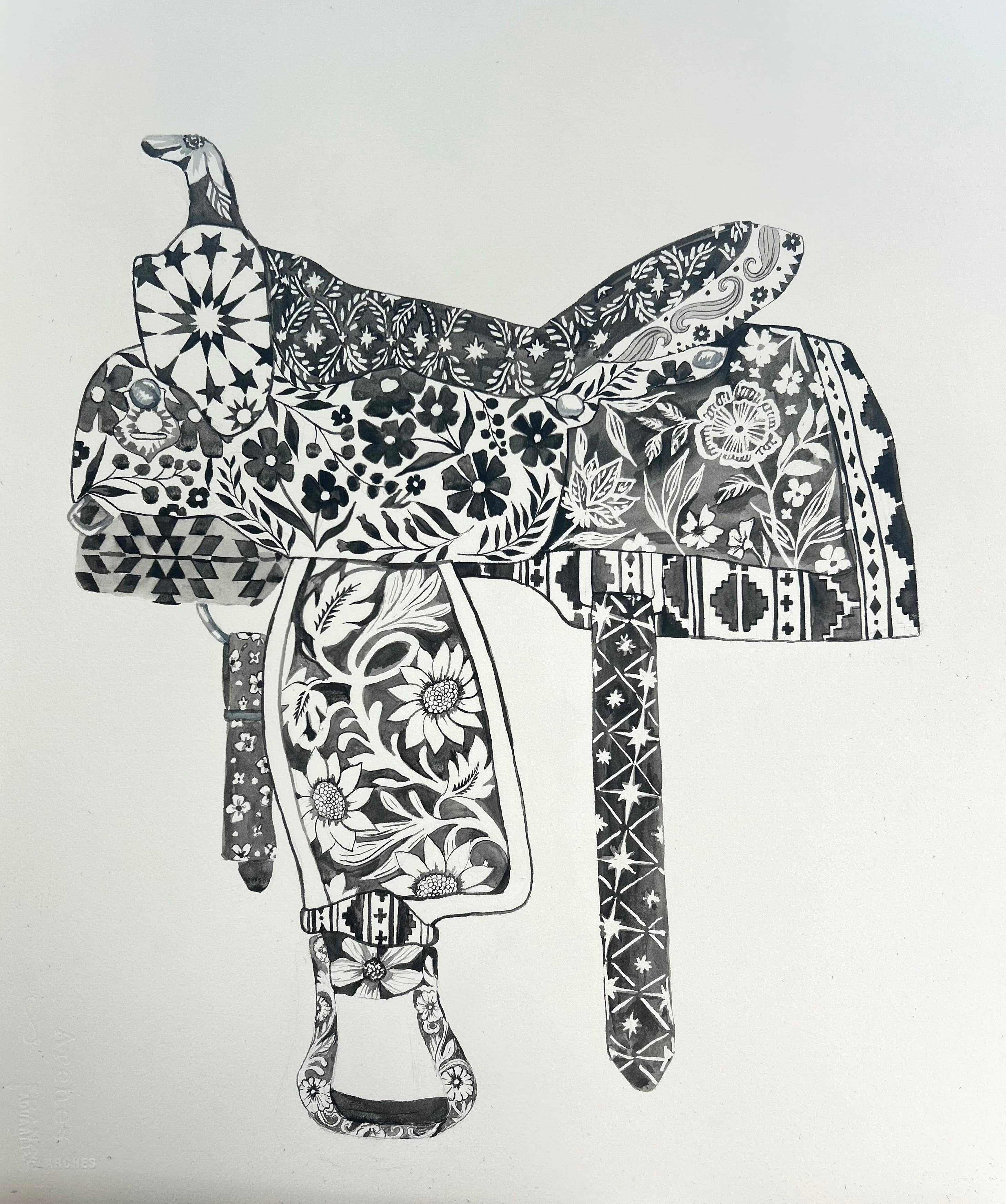 Watercolor Western - Wholesale Art Print - Black and White Western Saddle0