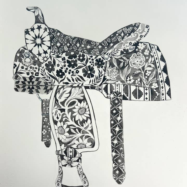 Watercolor Western - Wholesale Art Print - Black and White Western Saddle0