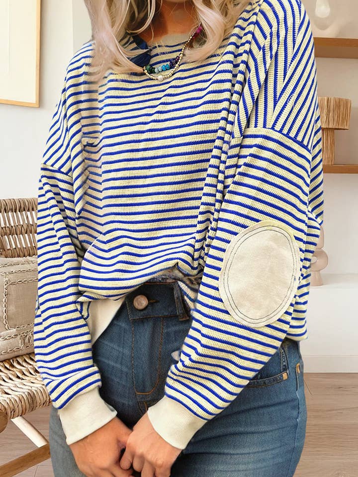 Stripe Textured Elbow Patched Crew Neck Sweatshirt (S-XL) for wholesale by 66DISCO
