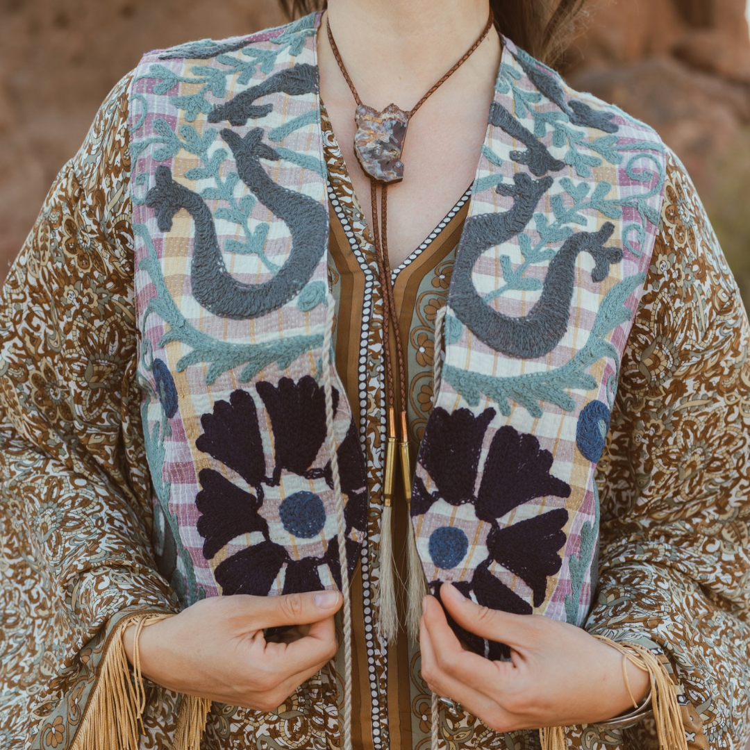 Wylder Trading Company - Wholesale Outerwear Vest - Women's - Boho Western Fringe Cowgirl Hippie Vest Leather Kantha2