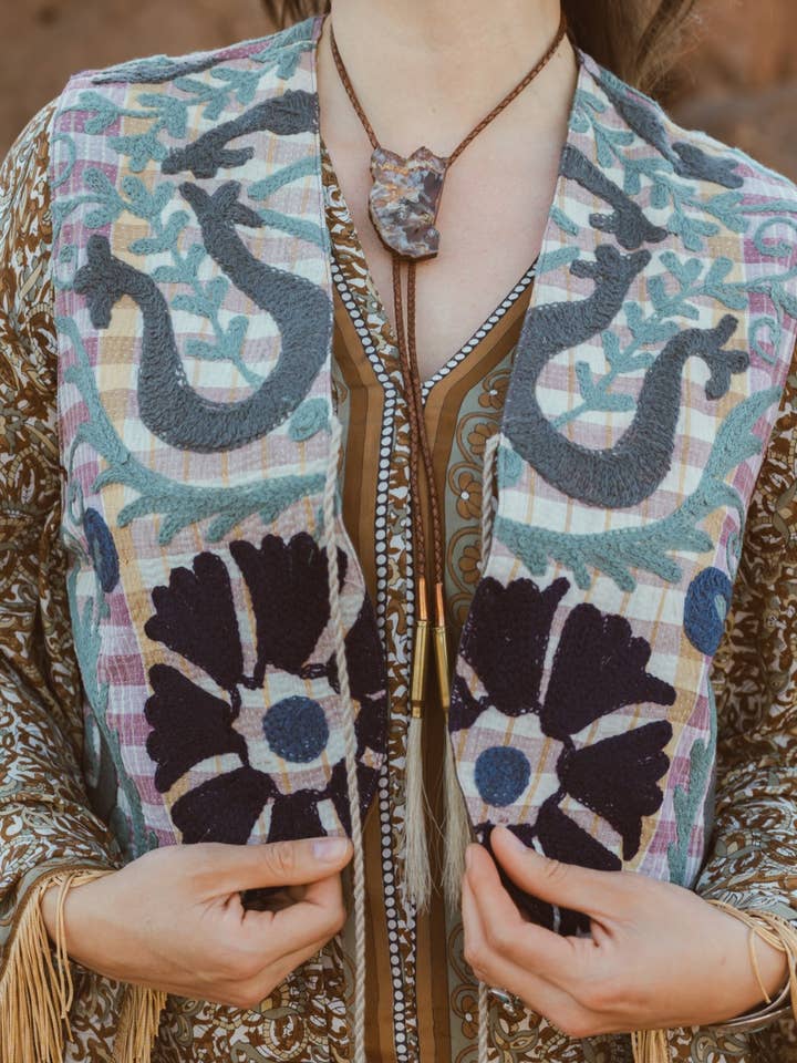 Wylder Trading Company - Wholesale Outerwear Vest - Women's - Boho Western Fringe Cowgirl Hippie Vest Leather Kantha2