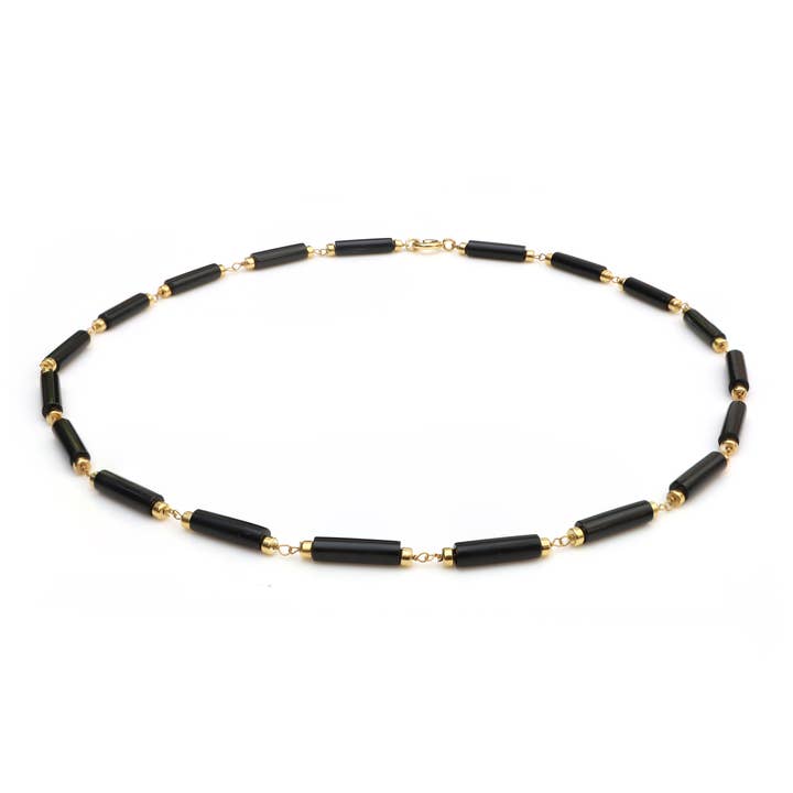 Fine Facets – Großhandel Perlenkette – Halskette aus natürlichen Edelstein-Schwarzonyx-Zylinderperlen mit Gold.