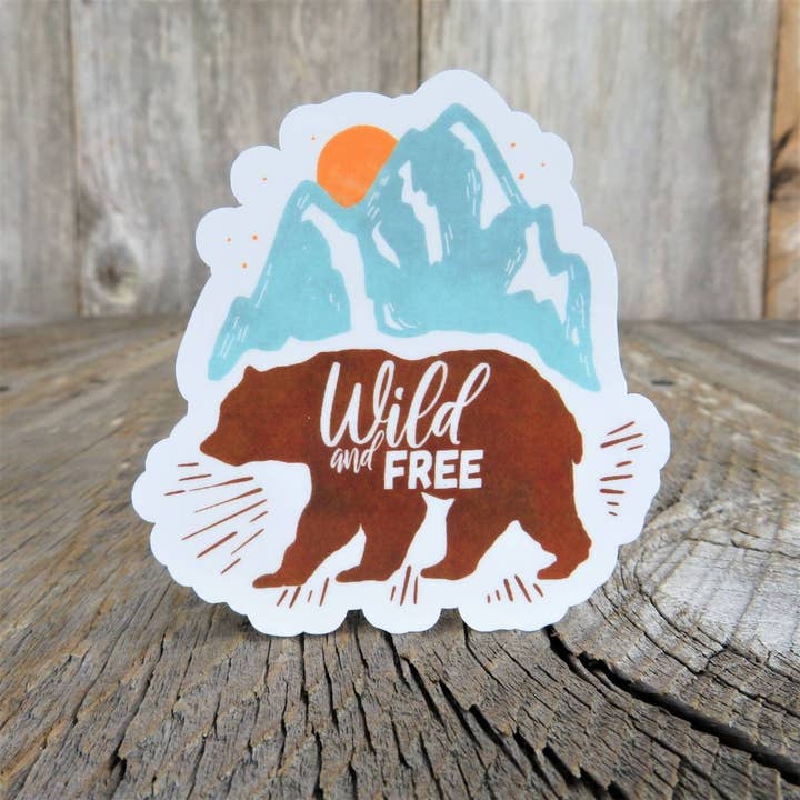 Wild and Free Sticker Mountains Bear Full Color Waterproof Outdoors Camping Adventure Water Bottle Sticker for wholesale by Kirk's Krafts