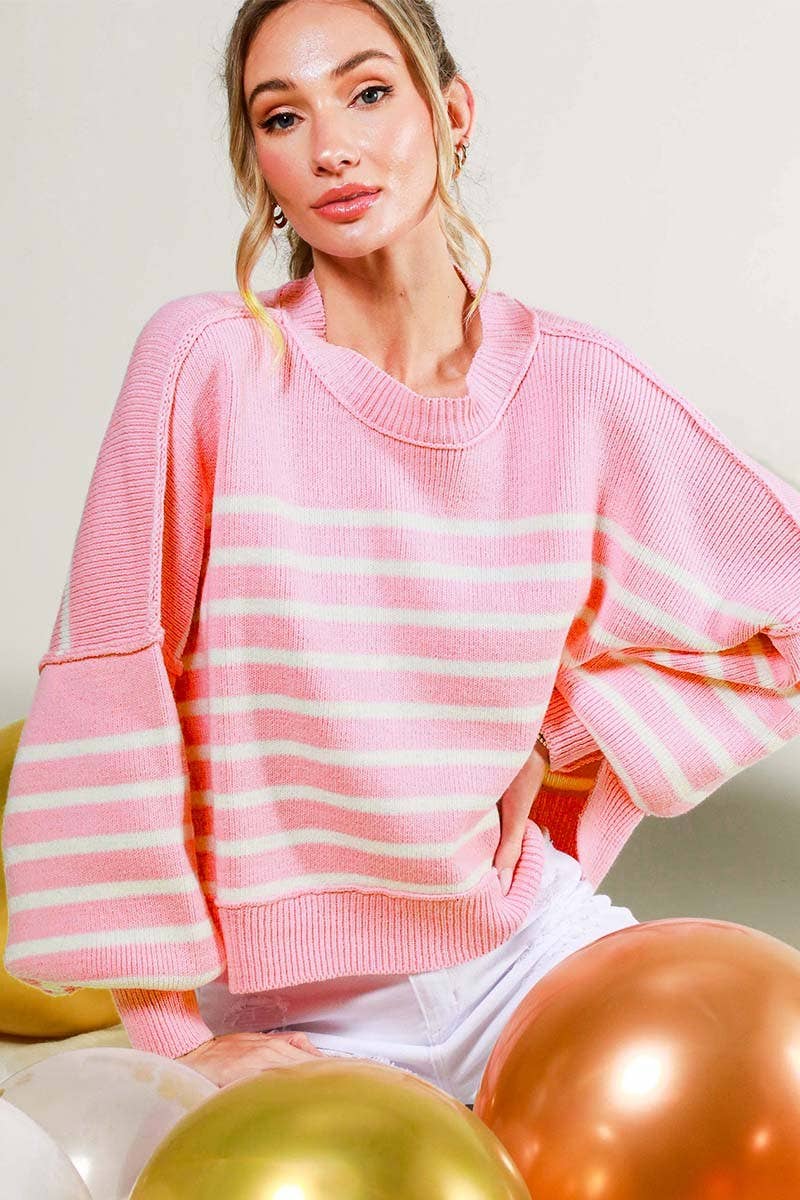 Vine & Love – wholesale Pullovertröja - Dam – Vine & Love randig tröja med balloonärm och rund hals2
