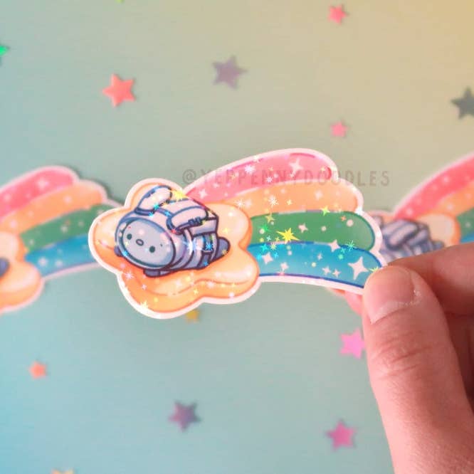 Shooting Star Bunny - klistermærke (holografisk gnist) for engroshandel hos Yeppenny Doodles LLC