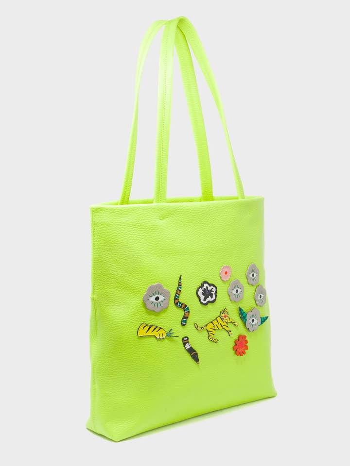 Matt Sharp Green Leather Tote Bag - Floralia Design for wholesale by Min & Mon