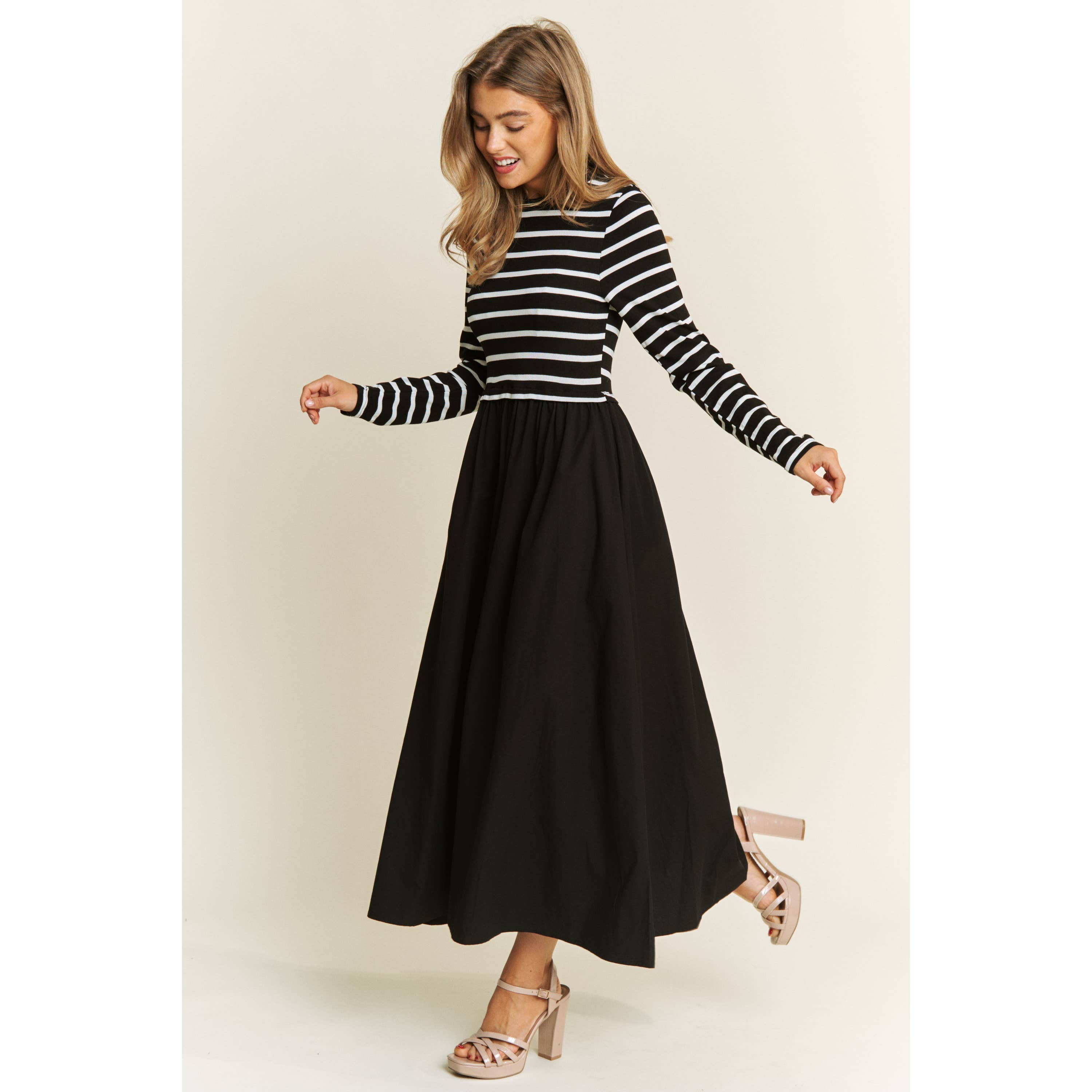 Sweet Generis - Wholesale Dress - Women's - COTTON MAXI DRESS WITH KNIT STRIPE TOP WITH LONG SLEEVES11