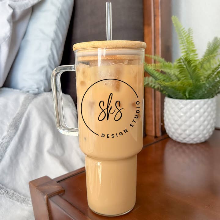CUSTOM LOGO | UVDTF | 40 oz Glass Tumbler with Bamboo Lid & Straw for wholesale by SKS Design Studio