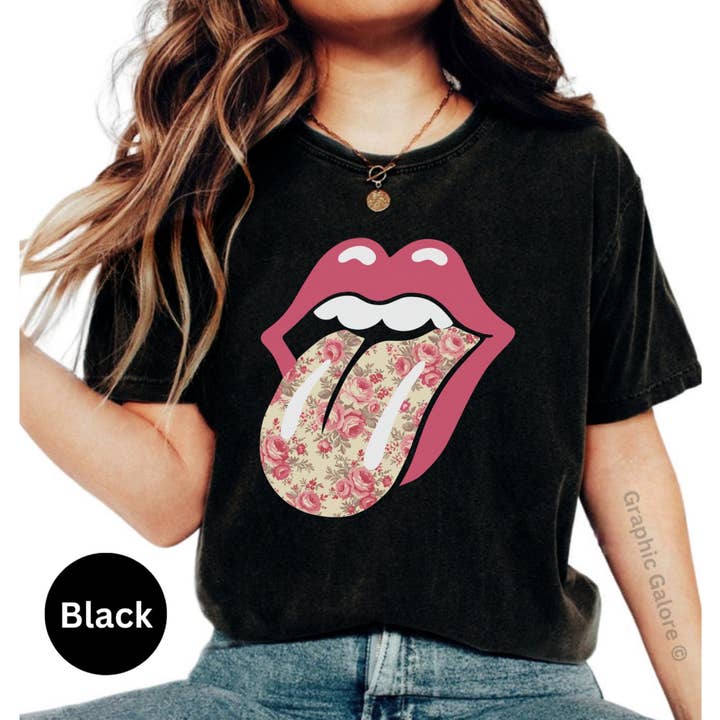 Graphic Galore - Wholesale Screen Printed T-Shirt - Women's - Rolling Stones Floral Tongue Shirt, Bleached Shirt, Tongue Out Rolling Stone, Floral Tongue Bleached, Rock and Roll, Gift for Her1