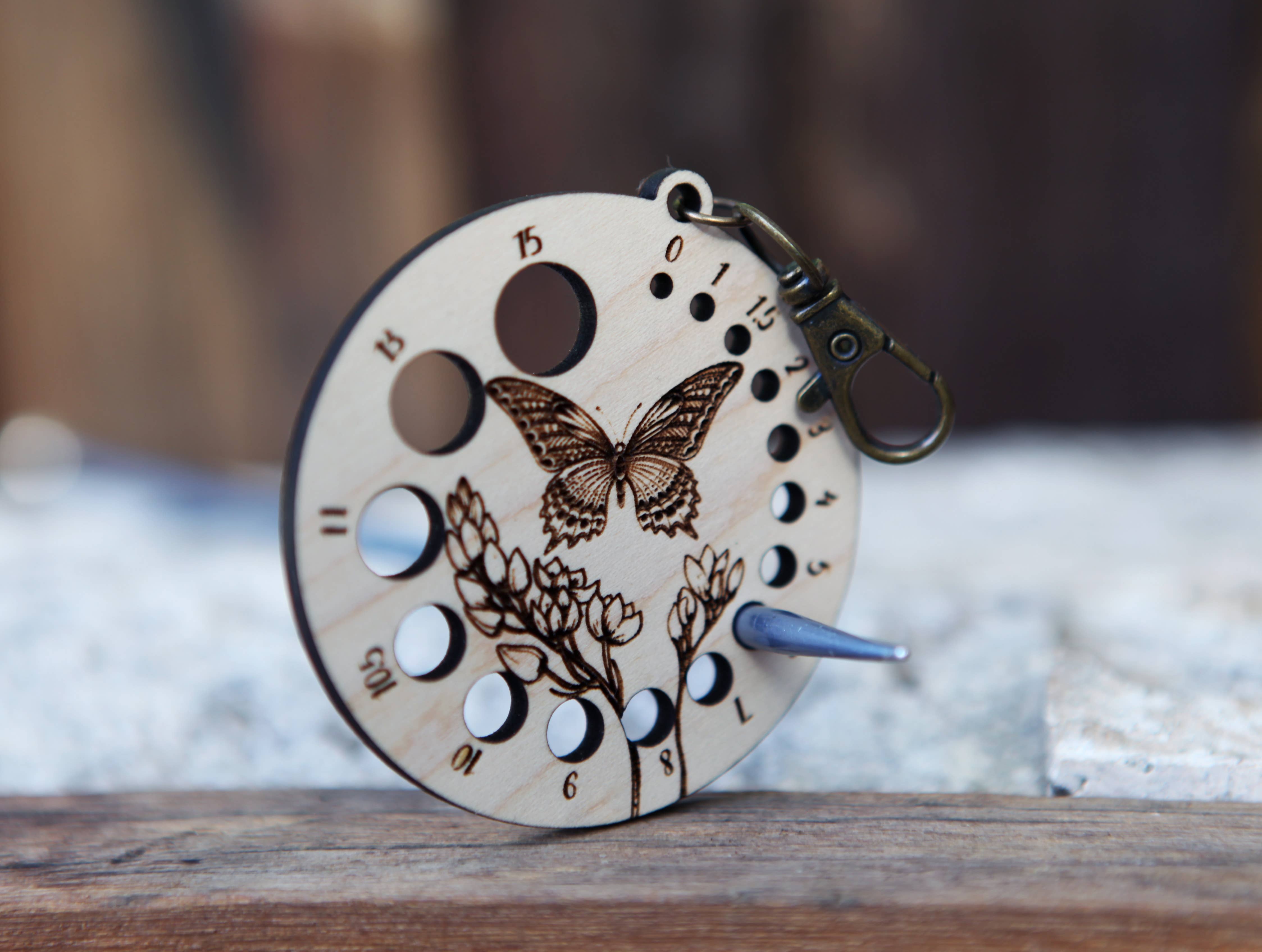 Sunrise Grove - Wholesale Knitting/Crochet Supplies - Butterfly with Flower Needle Gauge with Bronze Clasp 3