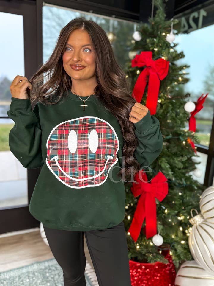 Plaid Smiley Graphic Crewneck on Forest Green for wholesale by birdie
