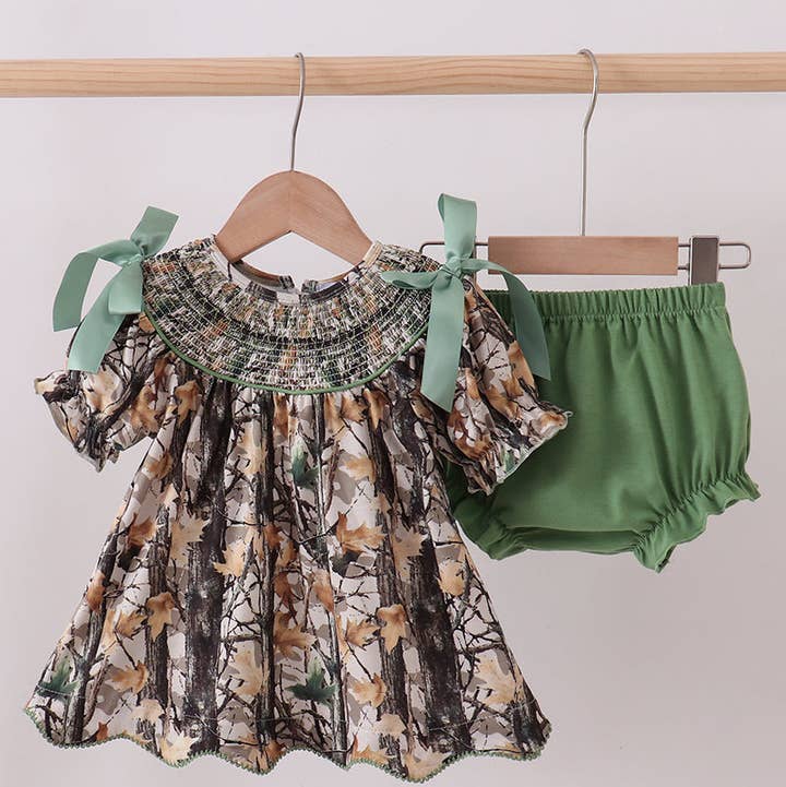 Camouflage smocked bow bloomer set for wholesale by Aspen Rain Boutique