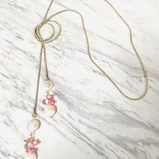 Anita K By Blushing Pink - Wholesale Y-Neck/Lariat Necklace - Adjustable Gold Lariat with Pearl, Crystal and Quartz Drop2