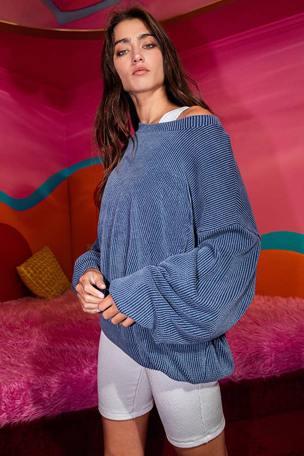 BUCKETLIST INC - Wholesale Sweatshirt - Women's - T1951  Stripe Textured Knit Comfy Sweatshirt2