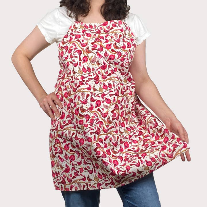 Cher the Fire - Wholesale Apron - Cotton Apron, Ivory Cardinal watercolor Holiday/Everyday2