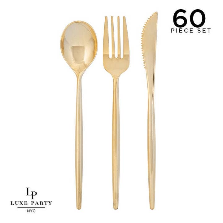 Luxe Party - Wholesale Flatware Set - Matrix Gold Plastic Cutlery Set | 60 Pieces