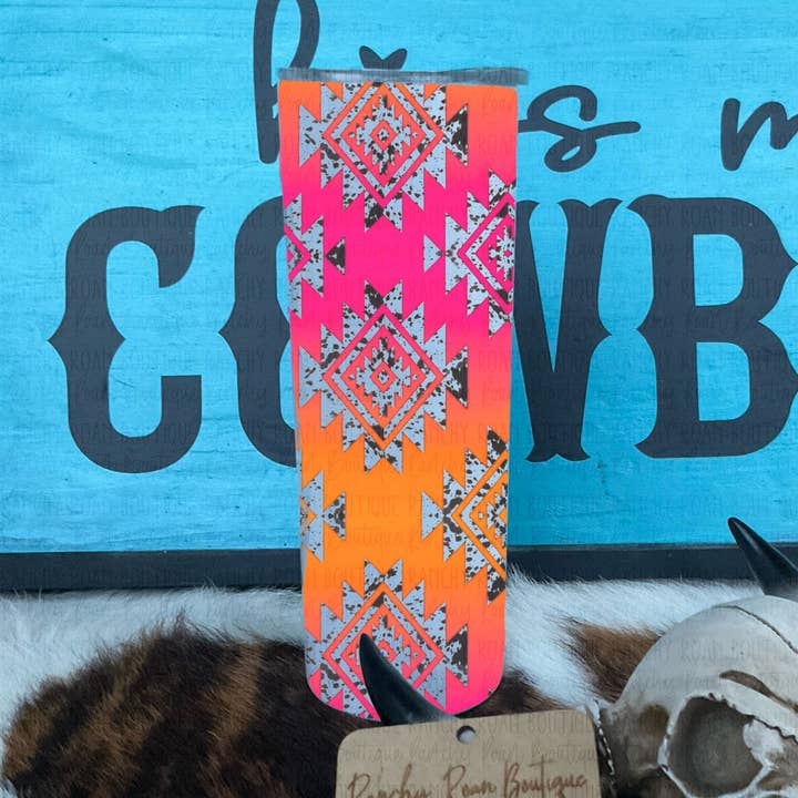 Ombré Aztec Cowhide Western Skinny Tumbler for wholesale by Ranchy Roan Boutique