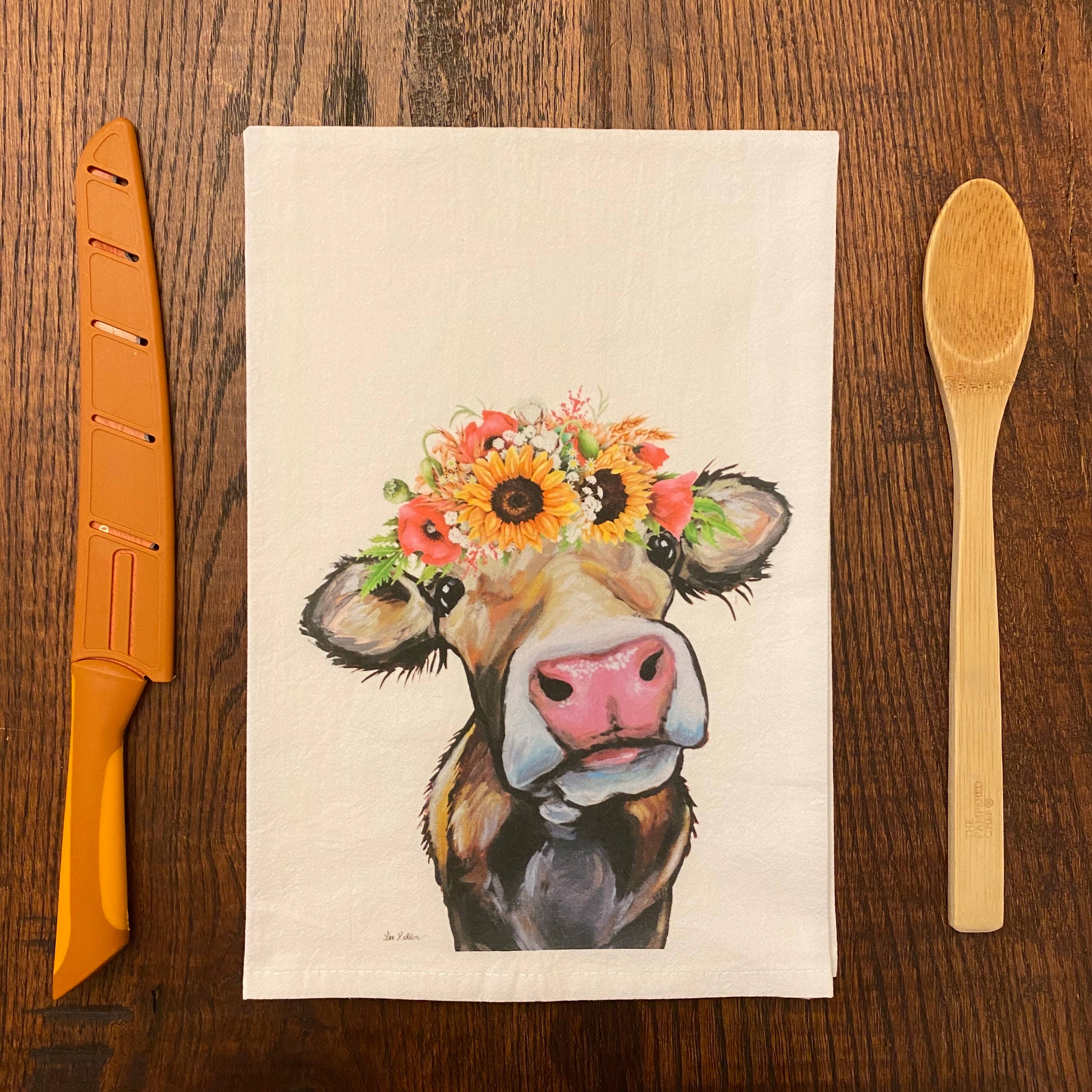 Hippie Hound Studios – Großhandel Geschirrtücher – Kuh-Geschirrtuch mit Sonnenblumenmotiv, Herbst-Bauernhausdekor2