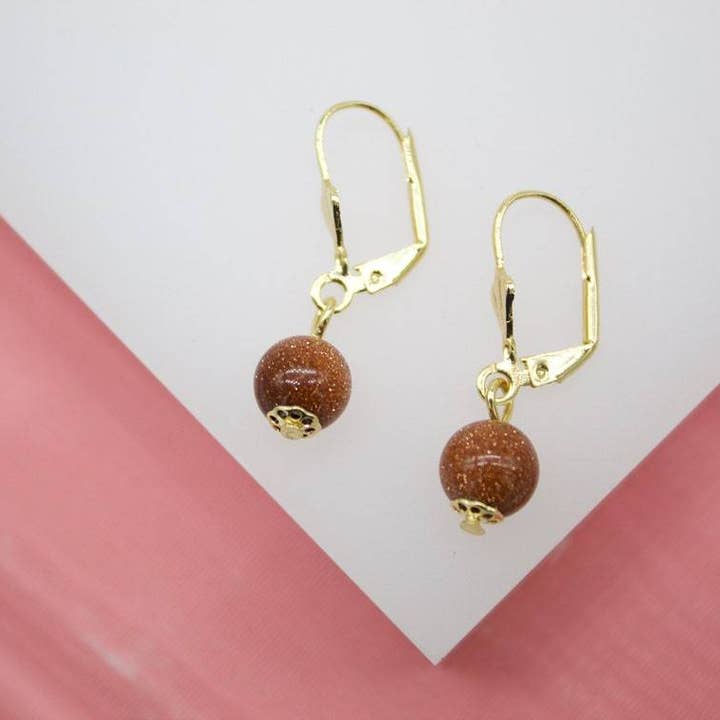 MIA Jewelry - Vente Boucles d'oreilles pendantes - Boucles d'oreilles à levier en or 18 carats avec pierre d'aventurine marron2