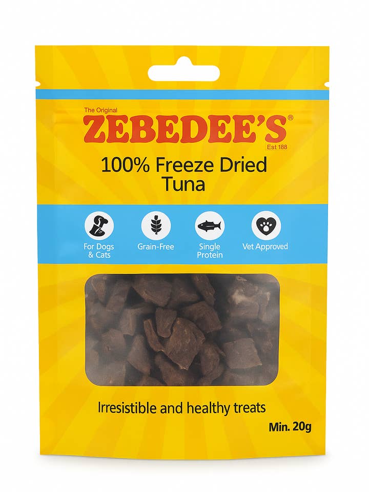 Zebedees frysetørrede tun-godbidder til katte og hunde for engroshandel hos Zebedee's Pet Products