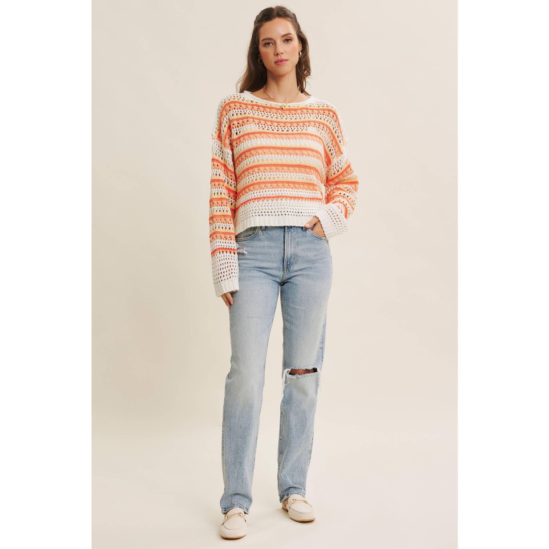 in february - Wholesale Knit Sweater - Women's - BRIGHT VIBRANT MULTI STRIPE LOOSE FIT CROCHET SWEATER TOP5