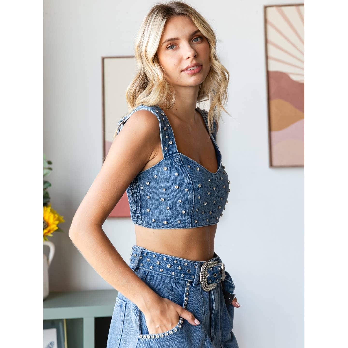 Med Wash Rhinestone Belt Denim Tank Top for wholesale on Faire2