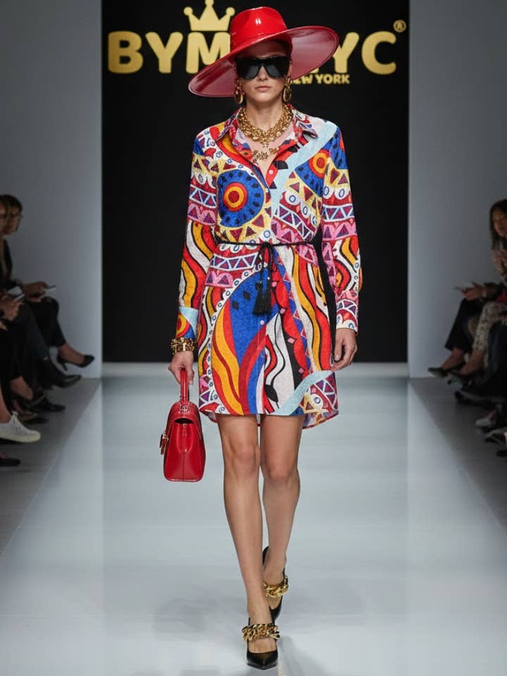 Robe chemise mini à imprimé géométrique "Kaleidoscope" avec ceinture à pampilles • BYMANYC ® New York pour la vente par BYMANYC NEW YORK