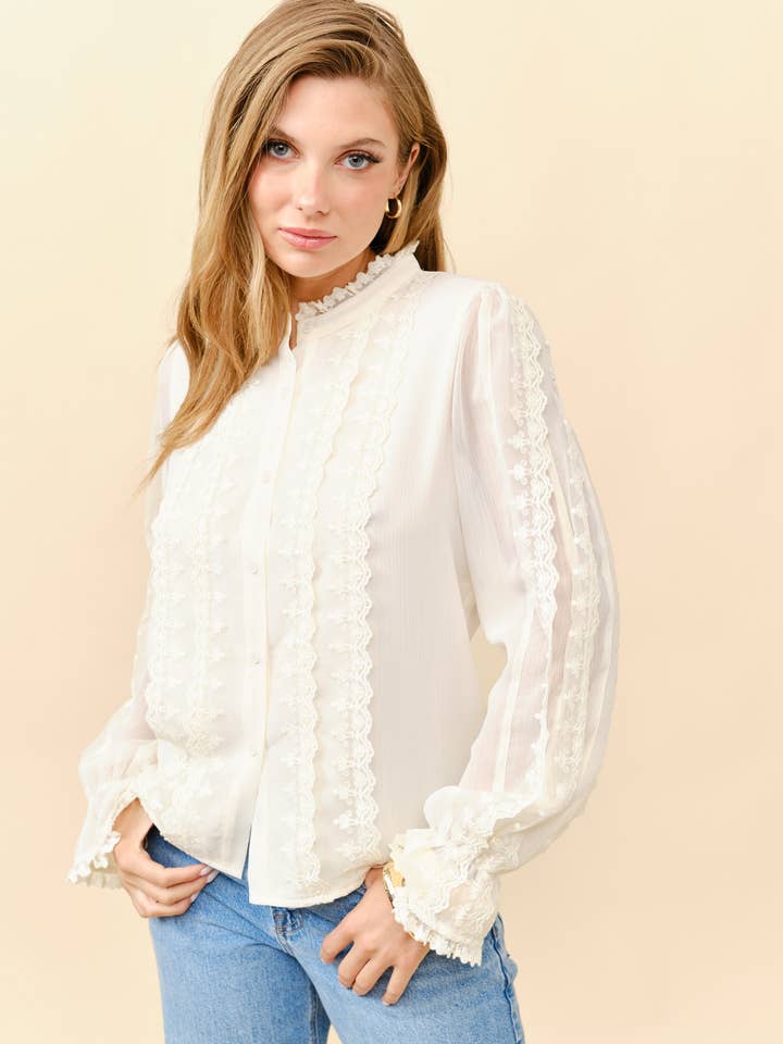 Lace stitching mock neck blouse for wholesale by Tea & Cup