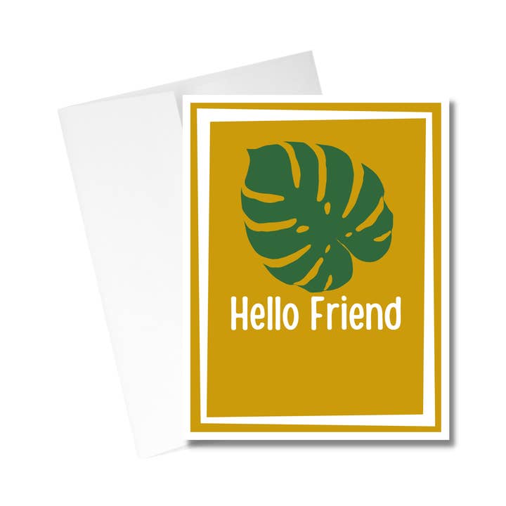 Tarjeta de felicitación Monstera Leaf con texto en inglés «Hello Friend» para venta al por mayor de Western Fancies