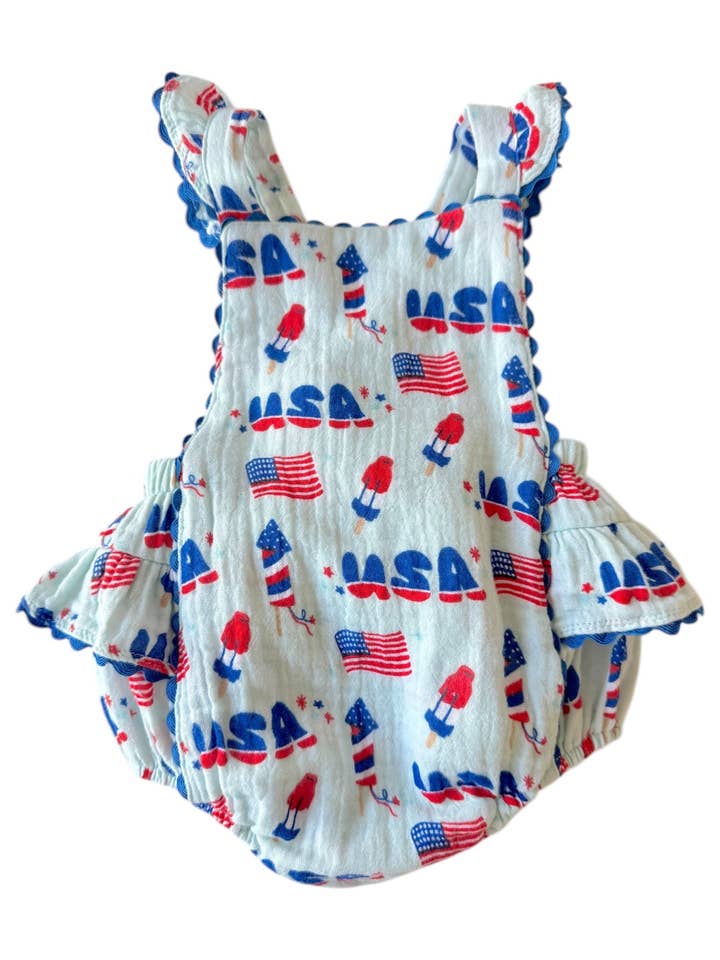 Muslin Ric-Rac Ruffle Sunsuit, 4th of July Blue for wholesale by SpearmintLOVE