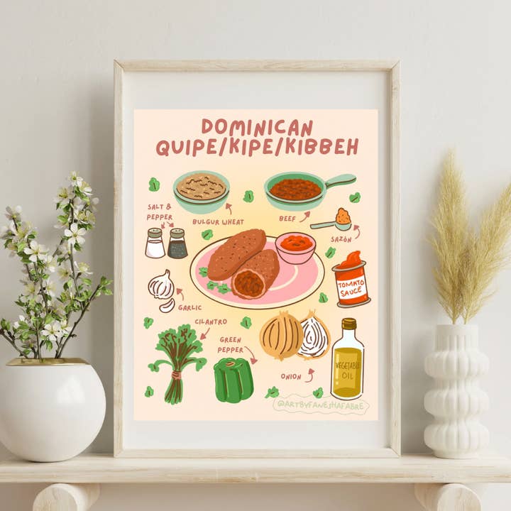 Dominican Quipe / Kipe / Kibbeh Illustrated Recipe Art Print for wholesale by Fanesha Fabre
