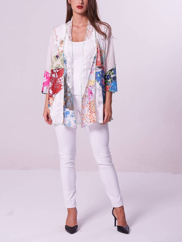 Women's Multi Patch Outline Crochet Open Front Cardigan for wholesale by Kamana