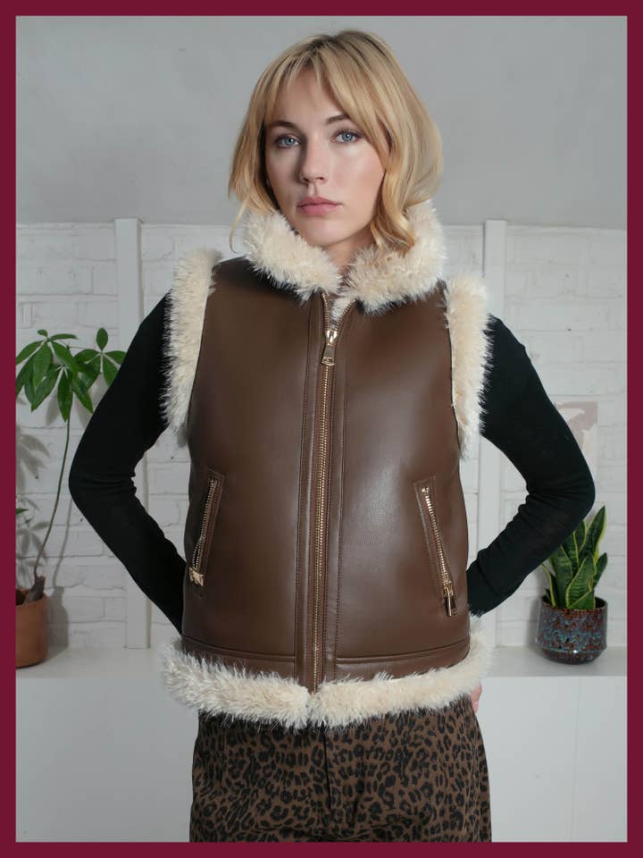 Devina Leather Look Biker Gilet - Tan for wholesale by NOOKI DESIGN LTD