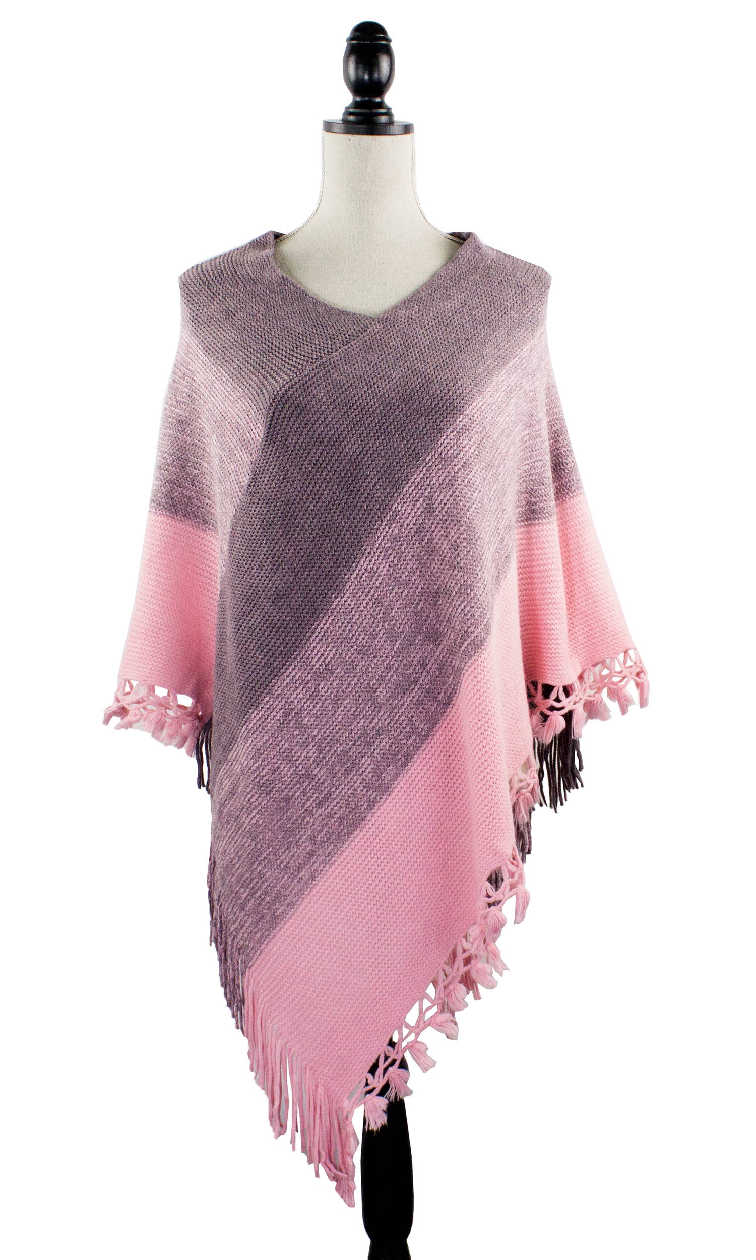 Fennco Styles - Venta al por mayor Poncho - Mujer - Suéter Poncho de Bloques de Color con Flecos16