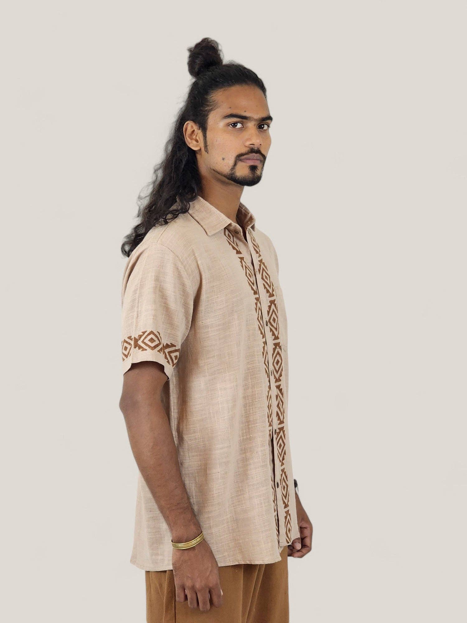 Sacred Ceremony - Wholesale Button Down Shirt - Men's - Men's Dusty Rose Organic Linen Short Sleeve Block-Printed Button-Down Shirt2