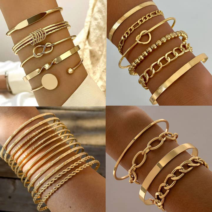 Vintage Geometric Open-Cuff Gold Bracelet Set for wholesale by DREAM VERA APPAREL