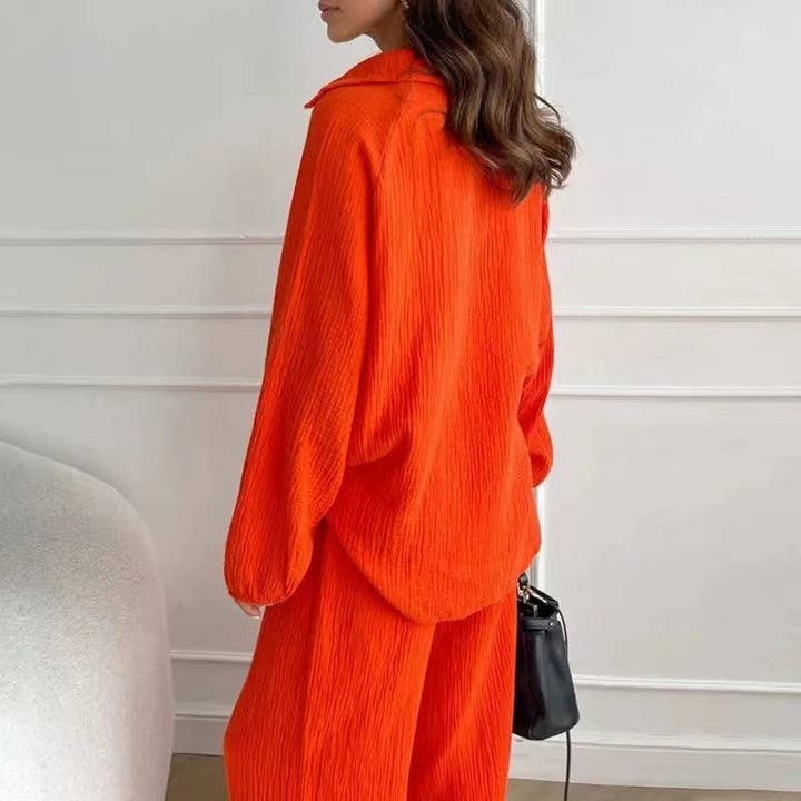 UZ Wholesale Store - Vente Ensemble haut et pantalon (PAS d'intérieur) - Femme - Ensemble chemisier et pantalon à manches longues et revers de couleur unie4