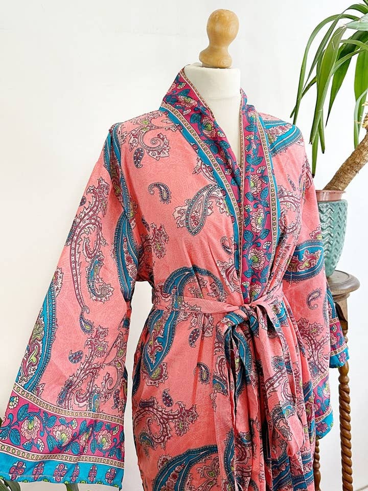 New Silk Sari Boho Kimono Regal House Robe - Luxury Lounge Digital Print Flowy Gown | Royal Peach Paisley Mermaid Ocean Dream Duster Coverup for wholesale by Essential Designs London