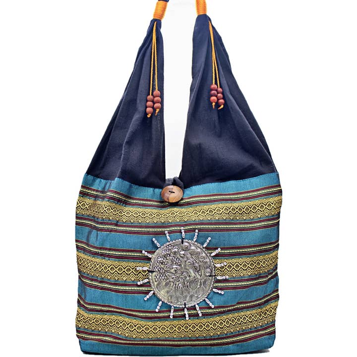 HANDMADE THAI SILK SHOULDER BAG WITH ELEPHANT METAL MEDALION for wholesale by Atlas Goods By Your Needs Company