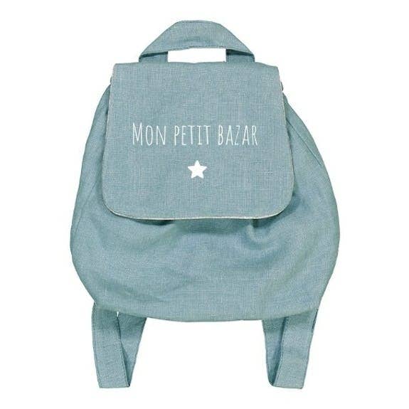 “Mon petit bazar” mint linen backpack with star symbol for wholesale by oh la la paris