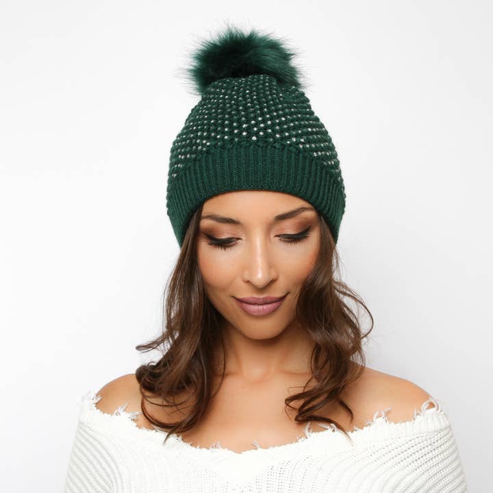 Rhinestone Embellished Knit Beanie w Faux Fur for wholesale by SP Sophia Collection
