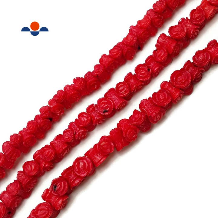 Rode bamboekoraal handgesneden bloemenkralen, grootte ca. 8x10mm, streng van 15,5''. voor wholesale door CRCBEADS