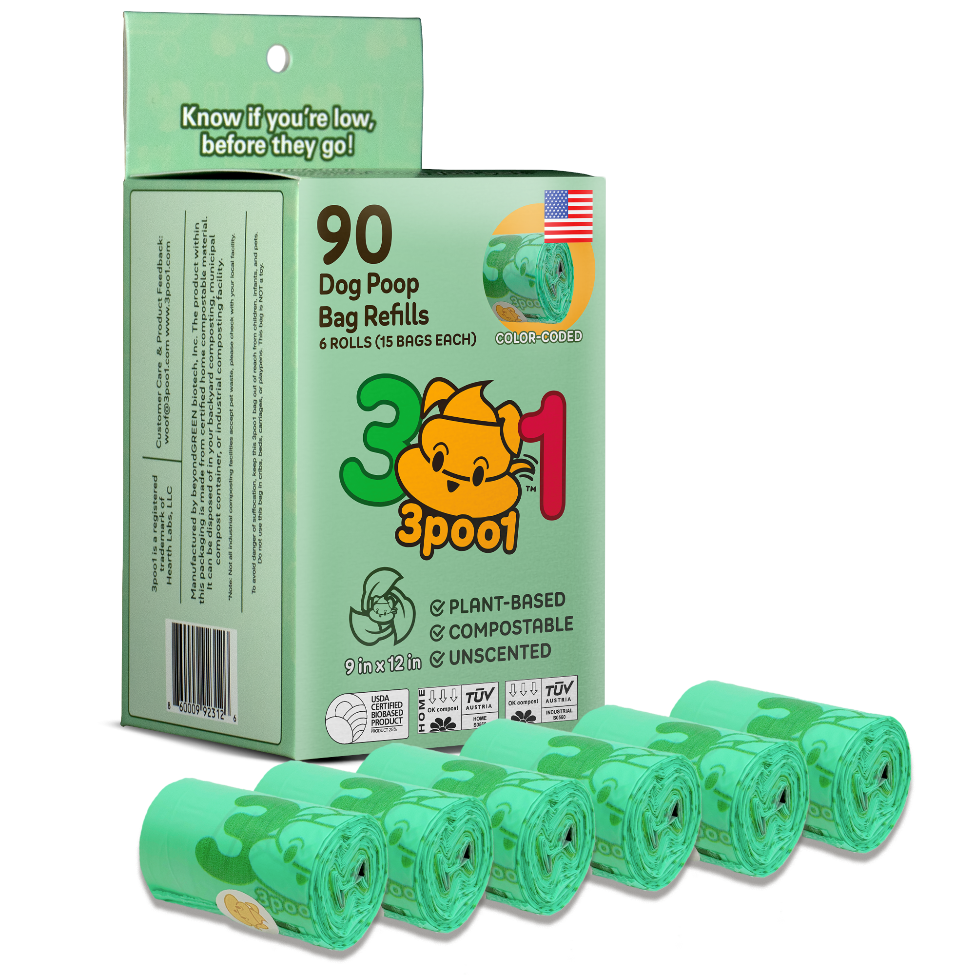 3poo1 - Wholesale Pet Poop Bag - 3poo1 Color-Coded Dog Poop Bags, Plant-Based + Eco-Friendly3