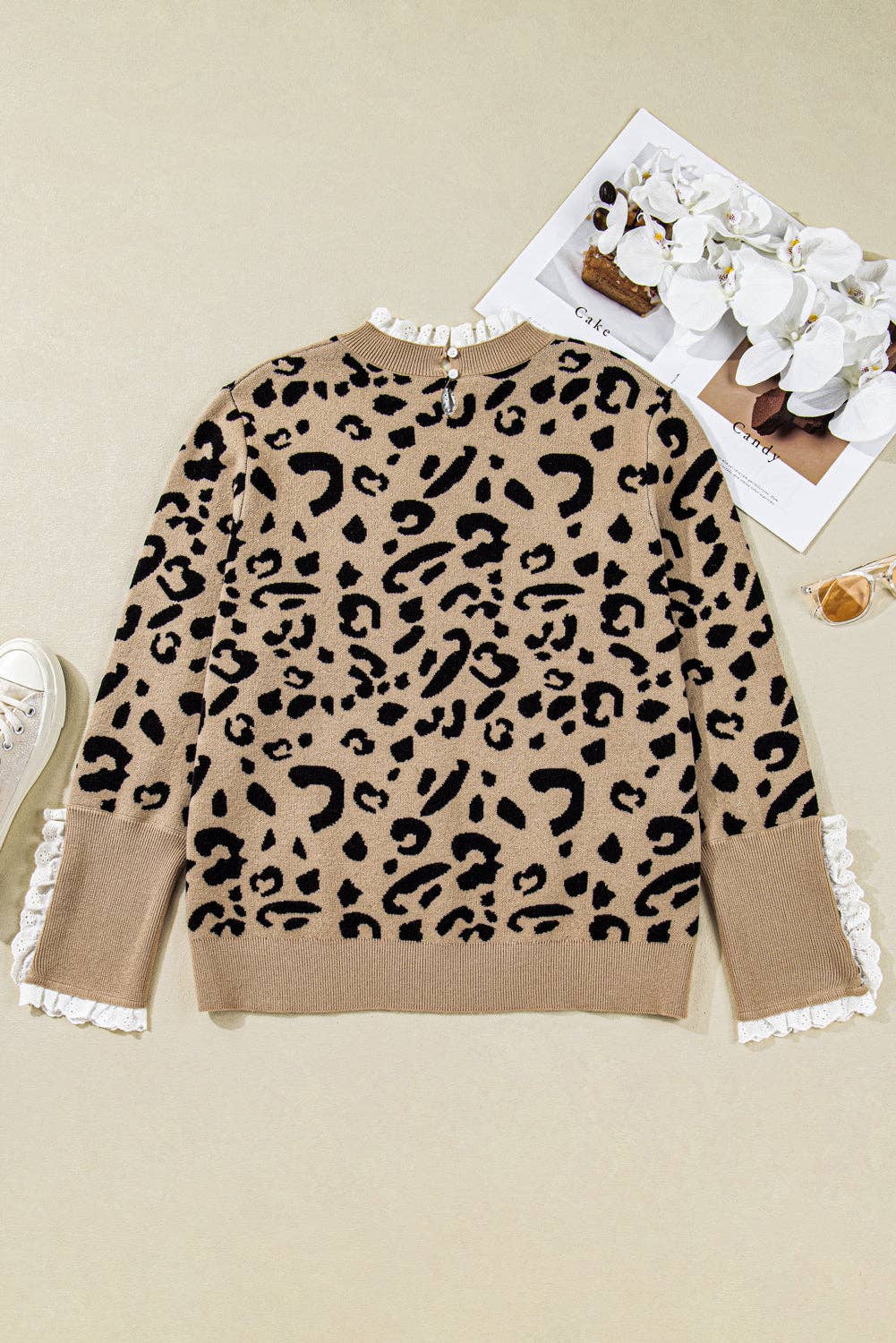 Brown LALALOO Plus Size Leopard Lace Trim Long Sleeve Sweater for wholesale on Faire5